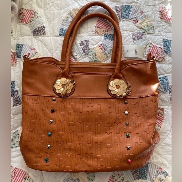 Large boho Westerncore tassel fringe tote bag brown tan embroidered shabby chic - Picture 1 of 13